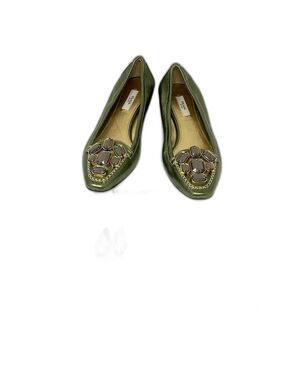 Prada Metallic Green Jeweled Crystal Embellished Low Wedge Flats Size 37.5 (US 7
